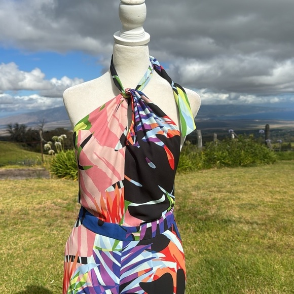 NWT Natori tropical Monstera Jumpsuit halter flare leg Retro - Picture 7 of 10